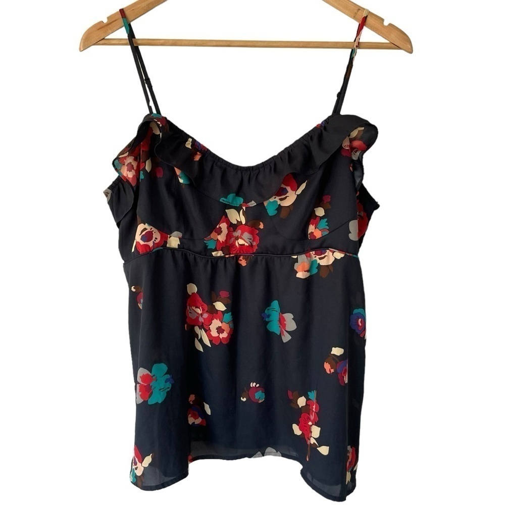 American Eagle Outfitters Black Floral Ruffle Strap Tank Top